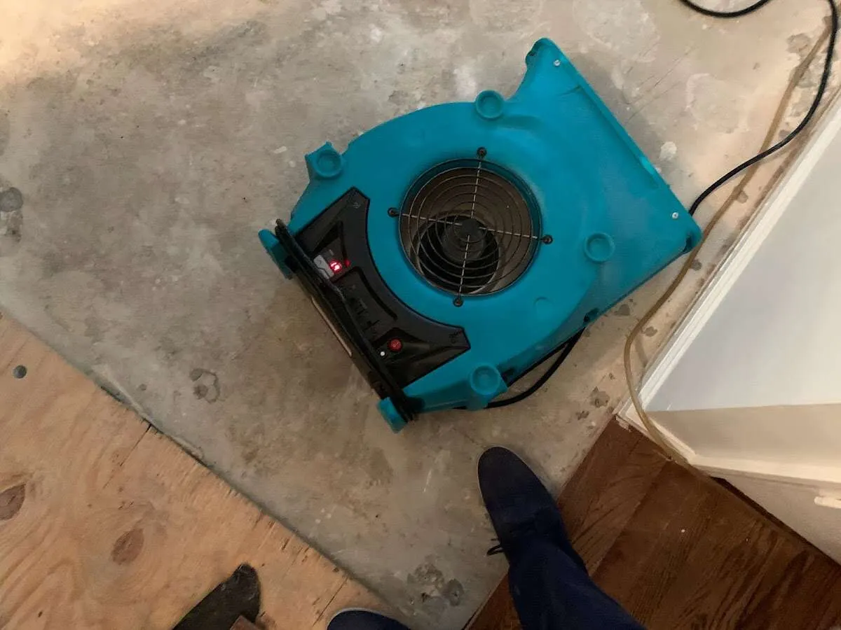 Air mover drying subfloor during Leak Detection & Repair in Pittsfield